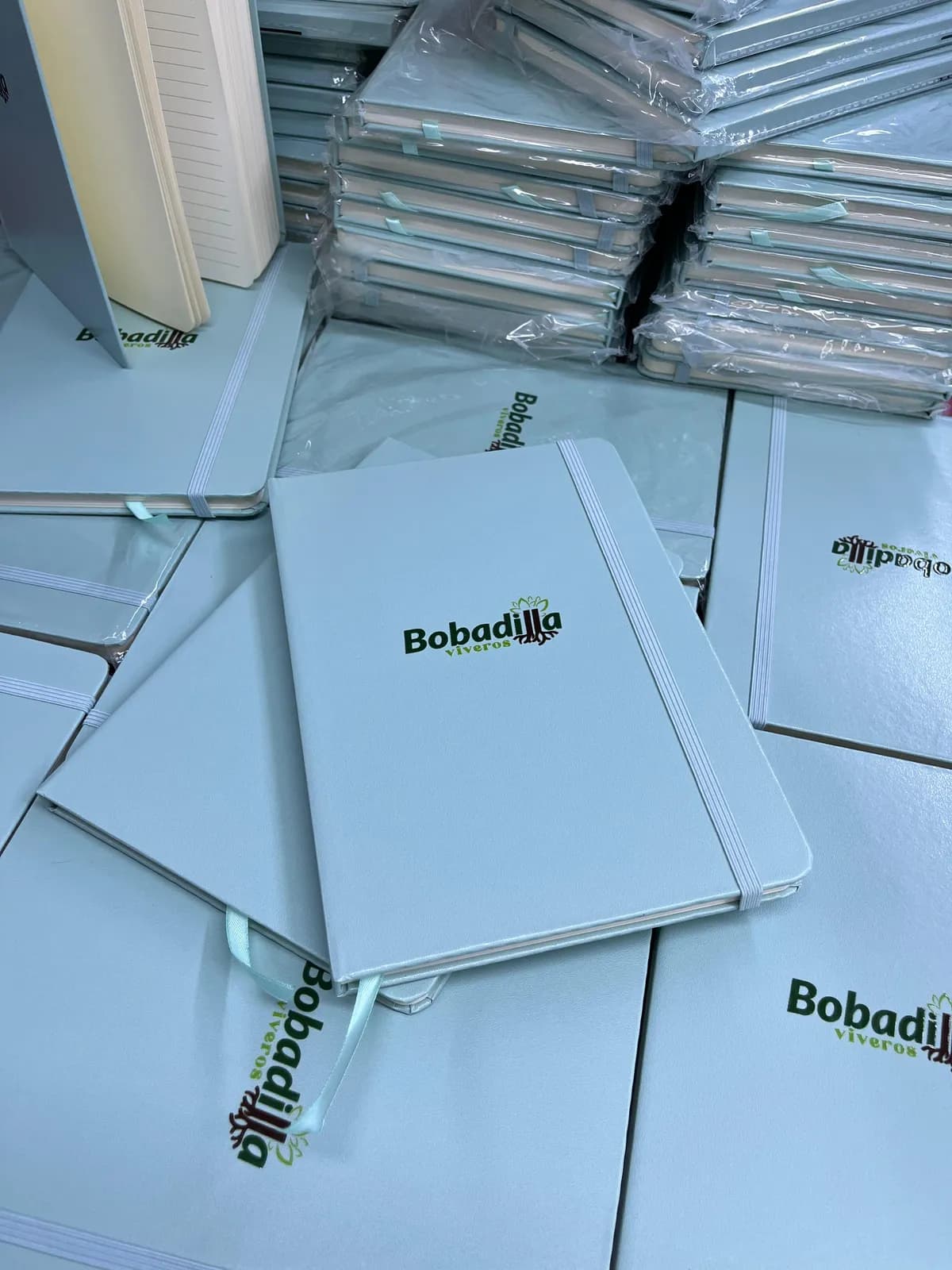 Libretas celestes personalizadas con el logo de Bobadilla Viveros, apiladas listas para entregar