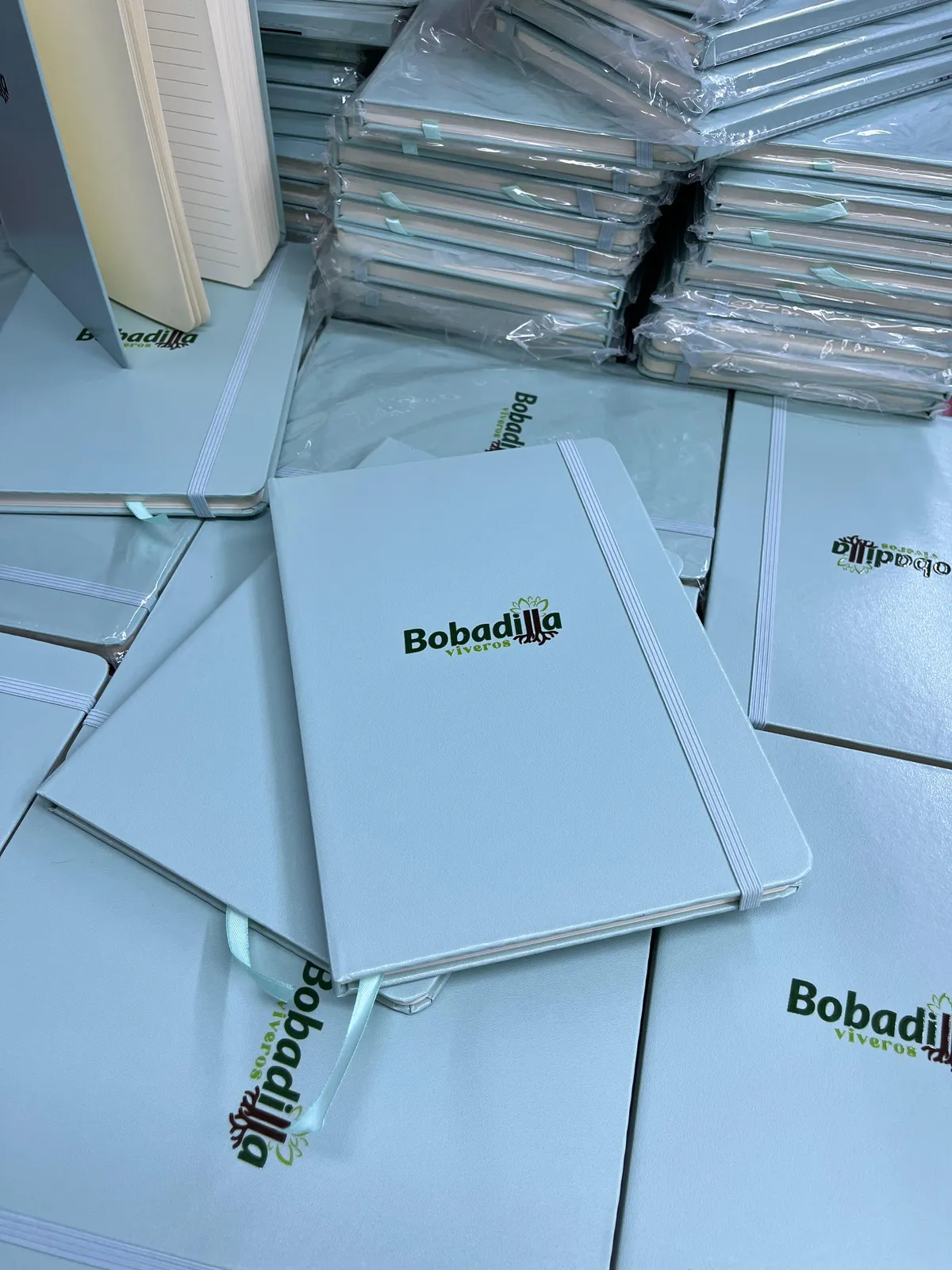 Libretas celestes personalizadas con el logo de Bobadilla Viveros, apiladas listas para entregar